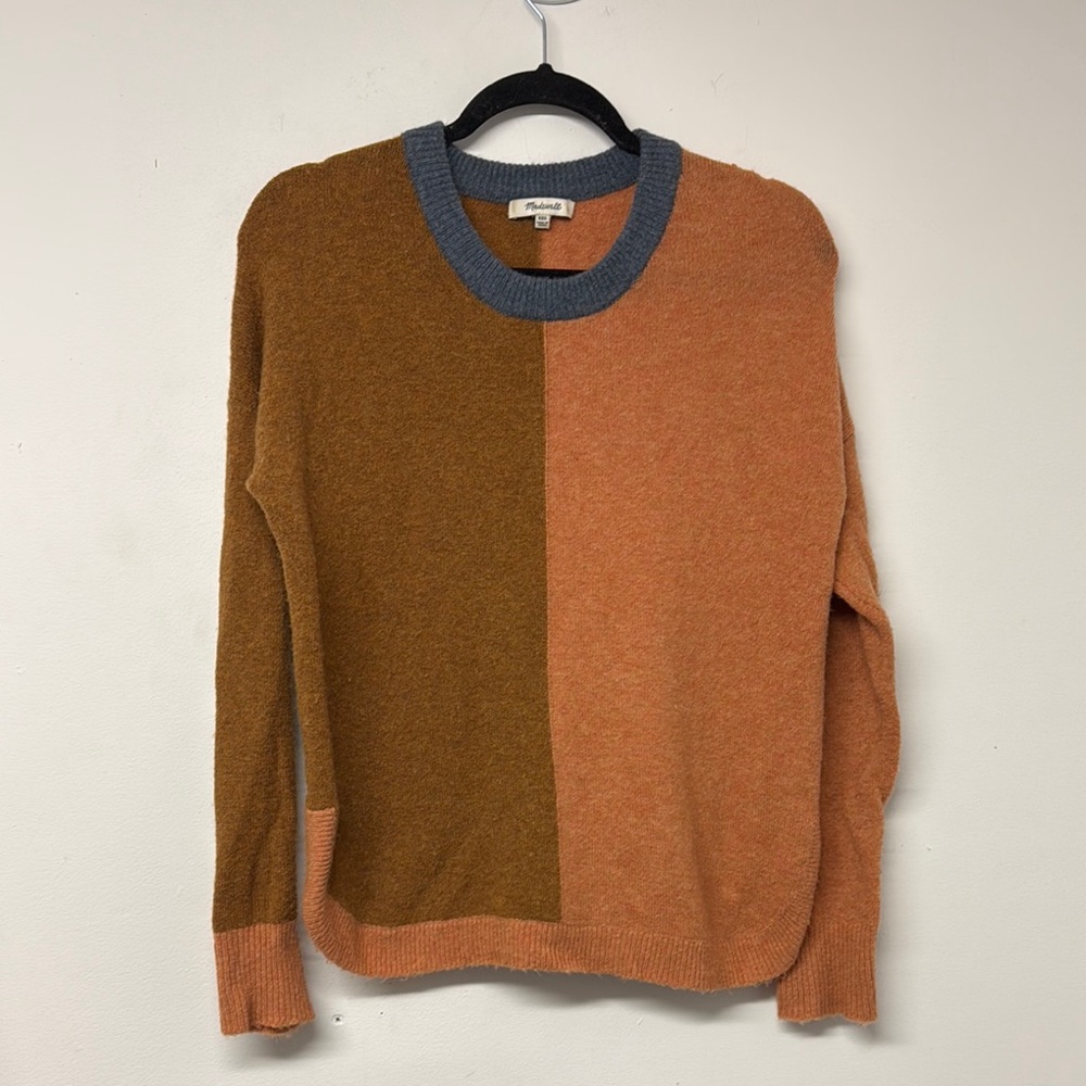 Madewell Brown and Orange Crewneck Sweater with Color Blocking alpaca blend